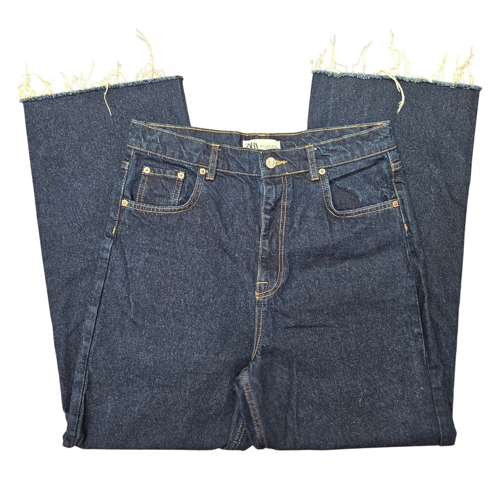 Zara Wide Leg Denim Jeans Womens 10 Blue Frayed Raw Hem High Rise Indigo Edgy